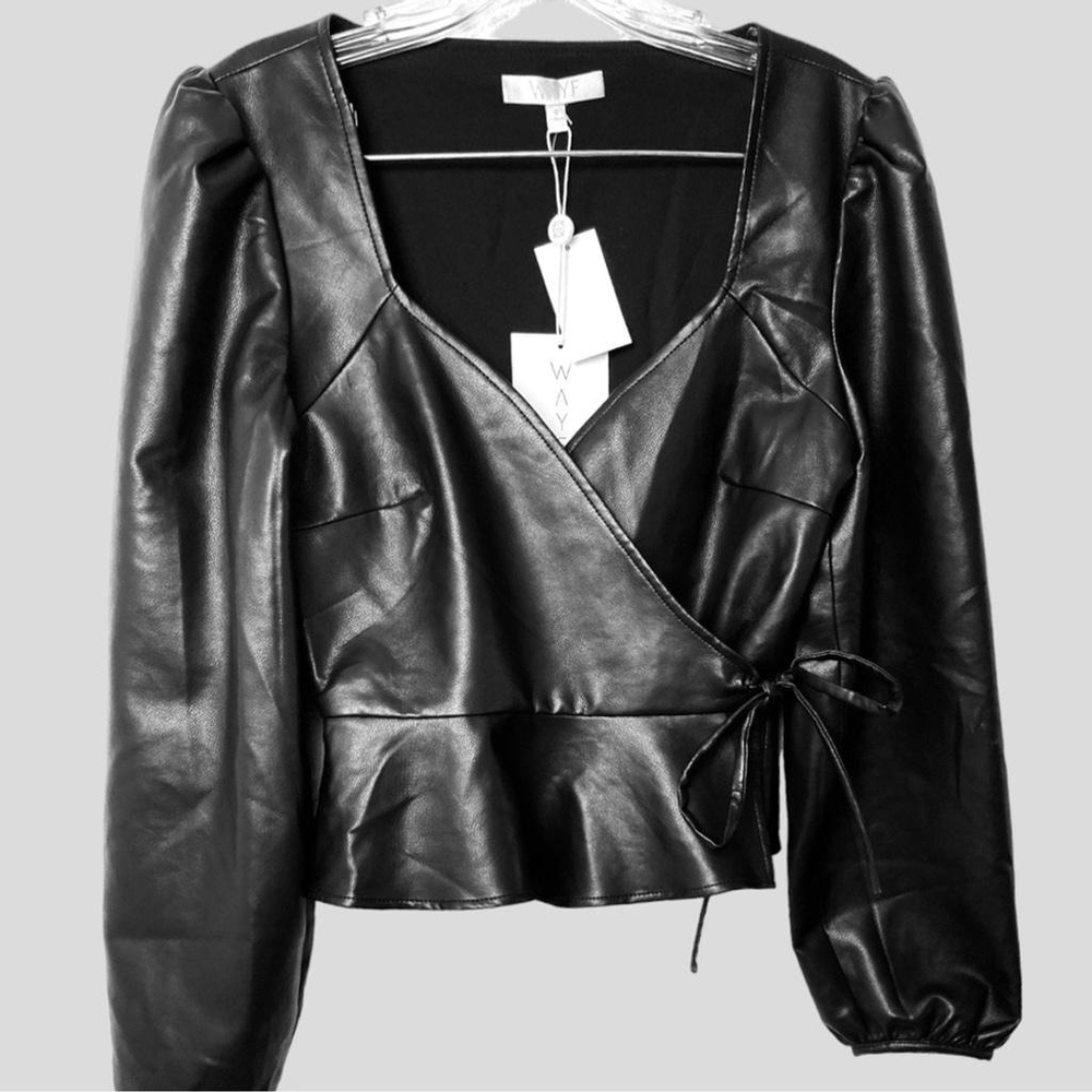 WAYF Women’s Y2K‎ Faux Leather Wrap Top Moto Wester Sz. Small Black Long Sleeve - Picture 3 of 9